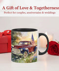 Vintage Americana 11oz Ceramic Coffee Mug With Red Pickup Truck And American Flag Illustration on Rustic Background with Rose
