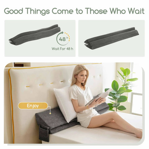 King Size Wedge Pillow for Headboard Gap Filler and Bed Gap Sealer, Adjustable Wedge for Head and Neck Support, Multi Functional Gap Blocker for Bed, Sofa, or Wall Gaps, Seals 0 to 7 Inch Gap, Gray 76 by 11 by 9 Inches shown in bed gap use