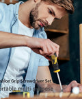 Ultimate Multi-Purpose Screwdriver Set With Ergonomic Non-Slip Cushion Grip Handle Designed For Heavy Duty Work and Precision Repairs While Reducing Hand Fatigue And Delivering Rock Solid Control On All Fastening Tasks Even In Messy Wet Or Oily Conditions. man using yellow and black screwdriver