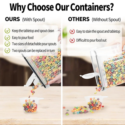 Four Pack Cereal Storage Containers With Airtight Lids And Pour Spouts, 4L Each, shown with ease of pouring feature for dry goods.