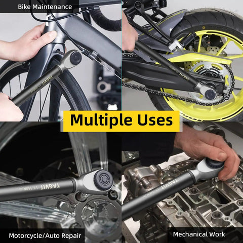 Half Inch Drive Digital Torque Wrench With Preset Memory And Data Storage Pro Grade Performance 12.5 To 250.8 FtLb And 17 To 340 Nm in various uses for bike maintenance, motorcycle repair, and mechanical work.