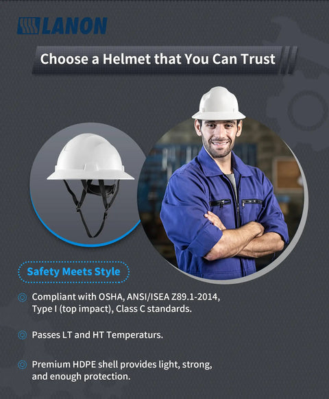 White Full Brim Hard Hat For Construction Pros - OSHA Approved Safety Helmet, Lightweight HDPE shown on worker mannequin
