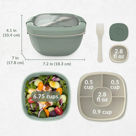 Salad On The Go Meal Prep Kit With 54 Oz Bowl Four Compartment Toppings Tray Leak Proof Dressing Container Reusable Fork BPA Free Lunch Box Removable Bento Tray Khaki Green with capacity details and accessories