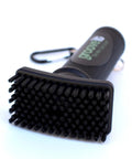 Close-up of Wet Club Scrub Golf Water Brush With Anti Leak Design showing magnetic nylon bristle head and carabiner clip.