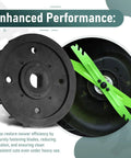 All In One Lawn Mower Blade Replacement Kit With Fan Bolts Nuts And Washers For Dual Blades Fits 21 Inch Mowers Compatible With LM2130SP LM2150SP And LM2160SP No Fuss Easy Install, showcasing black flange and green blade.