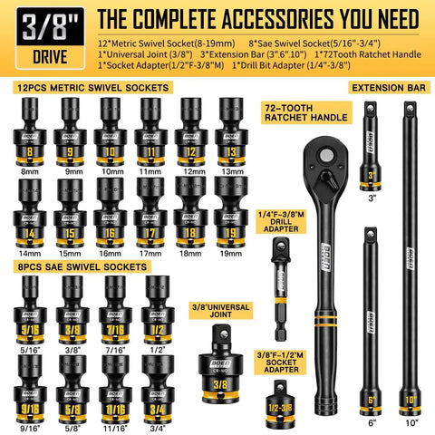 Super Tough Three Eighths Inch Drive Impact Socket Set Packing Sixty Seven Pieces Of Metric And Sae Shallow Deep And Swivel Sockets Complete With Extension Bars Adapters And Universal Joint Built From Solid Cr Mo Steel. 3/8in drive sockets and accessories