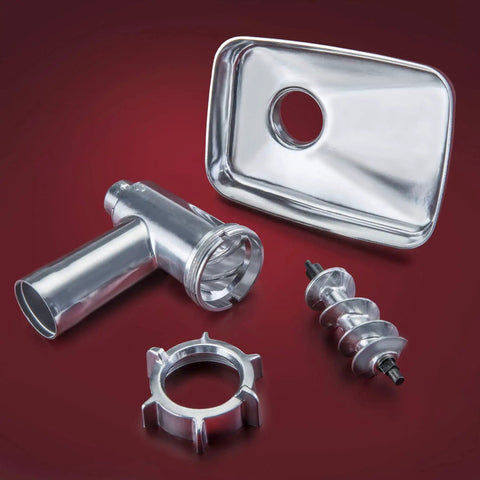 STX Turboforce II Electric Meat Grinder With Foot Pedal And Six Plates, stainless steel parts including feed tube, auger, and tray.