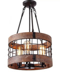 Round Wood And Metal Chandelier With Three Lights Dope Modern Farmhouse Pendant Lighting For Kitchen Island Or Hallway Vintage Rustic Ceiling Lamp With Rubber Insulated Cord Up To 83 Inches 14 Inch Diameter 9 Inch High featuring Edison bulbs.