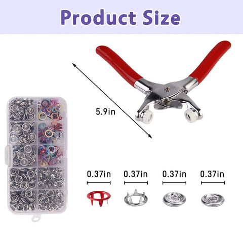 Top Shelf Metal Snap Button Kit With Pro Grade Pressing Pliers And Sure Grip Handles For Tough Garment Fixes Bags Shoes And Baby Wear Super Trusty Hardware Set showing 5.9in pliers and storage case with snaps.