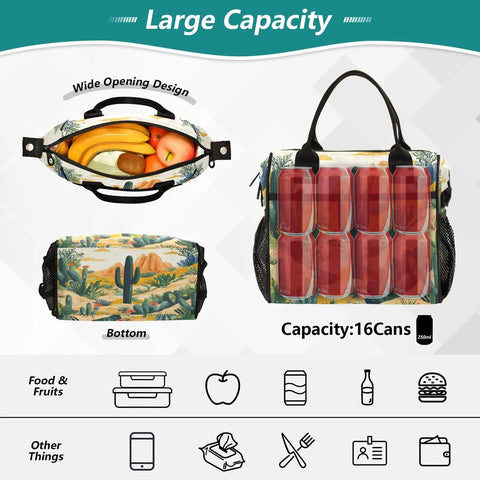 Insulated Lunch Bag With Adjustable Shoulder Strap, Tropical Summer Desert Cactus Print, showing large capacity and multiple compartments