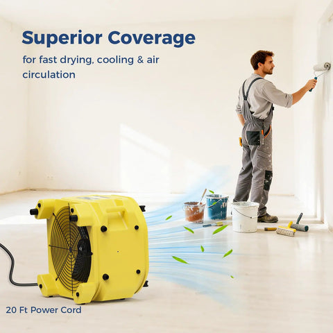 Heavy Duty 4 Pack Industrial Air Movers Kickin Out Massive 3000 Cfm Airflow For Zero Sweat Carpet Drying And Water Damage Cleanup showing yellow air mover in use.