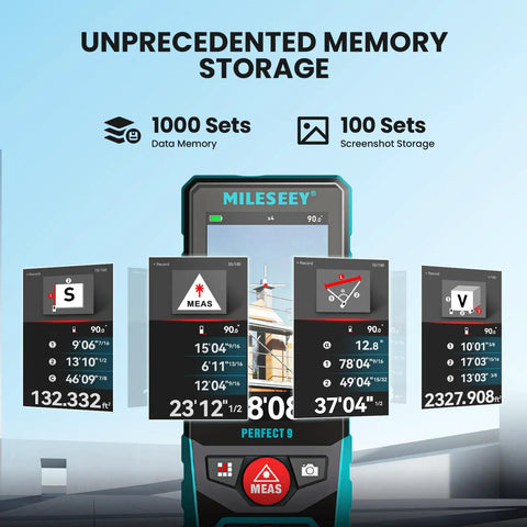 Laser Measure 328 Feet Distance Meter With Two Bubble Levels, 1 Sixteenth Inch Accuracy, LCD showing measurements and icons