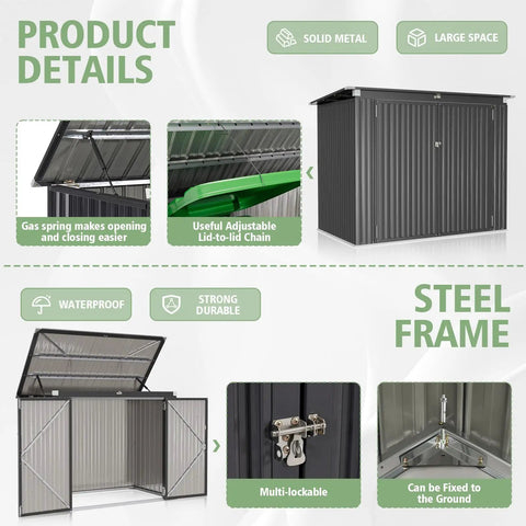5.7 Ft Wide Galvanized Steel Horizontal Garbage Storage Shed With Lockable Door Bolt, showcasing features like lid and lock
