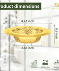 Two Pack Stainless Steel Kitchen Sink Strainers With Gold Finish, 4.5 Inch Wide Rim, shown with product dimensions in image