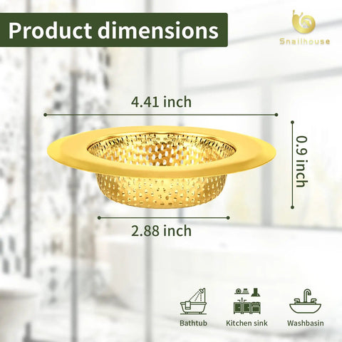Two Pack Stainless Steel Kitchen Sink Strainers With Gold Finish, 4.5 Inch Wide Rim, shown with product dimensions in image