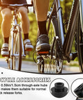 Cyclists on road with close-up of 2 Pack Mountain Bike Hub Adapter Quick Release Converter 15mm To 9mm Thru Axle.