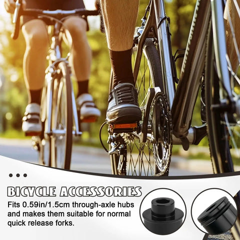 Cyclists on road with close-up of 2 Pack Mountain Bike Hub Adapter Quick Release Converter 15mm To 9mm Thru Axle.