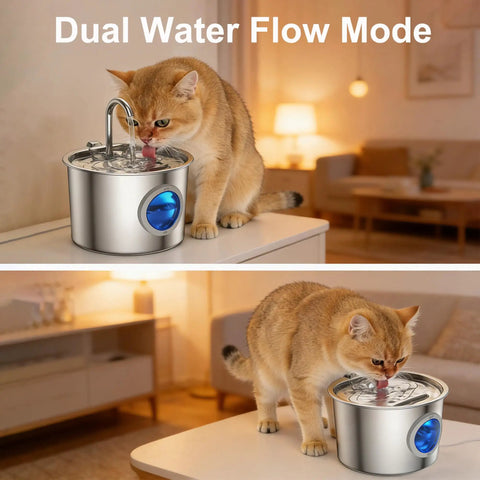 Cat drinking from No Brainer Cat Water Fountain In Premium 304 Stainless Steel With 2.2L Detachable Tank Easy To Clean Automatic Pet Fountain Quiet Indoor Dispenser Cats Will Actually Love For Indoor Cats And Small Dogs