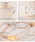Close-up of 20" Retro White Floral Caged Ceiling Fan with Remote, Flush Mount Low Profile Enclosed Ceiling Fan Light Fixture.