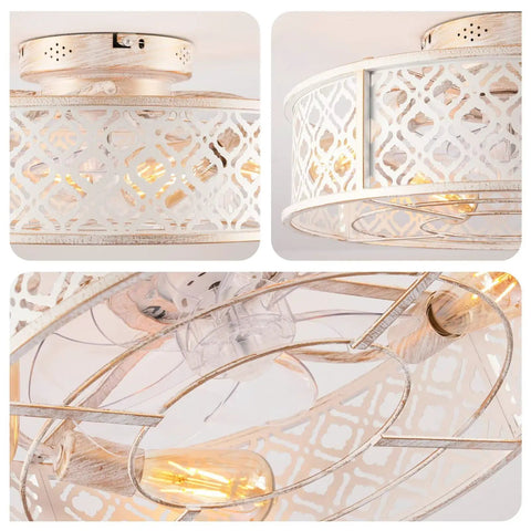 Close-up of 20" Retro White Floral Caged Ceiling Fan with Remote, Flush Mount Low Profile Enclosed Ceiling Fan Light Fixture.