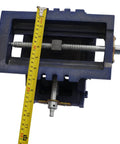 Six Inch Cross Slide Vise For Drill Press And Benchtop Milling shows detailed measurements with a tape measure on a rugged cast iron body.