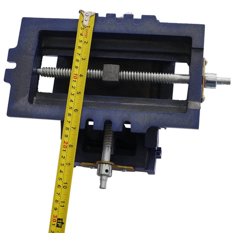 Six Inch Cross Slide Vise For Drill Press And Benchtop Milling shows detailed measurements with a tape measure on a rugged cast iron body.