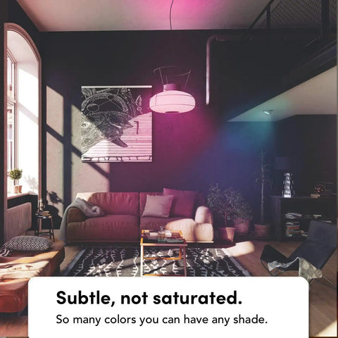 Living room illuminated by WiFi Color Changing A19 Smart LED Bulb Pack Dope Bright 800 Lumens, creating colorful ambiance