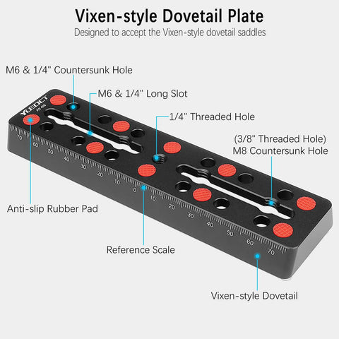 Vixen Style Dovetail Mounting Plate With 160mm Telescope Rail Bar and M6 One Quarter Inch and Three Eighth Inch Camera Screws diagram