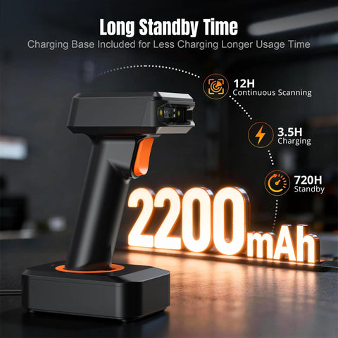 Wireless 1D And 2D QR Barcode Scanner With Display Screen Battery Level Indicator Time Display Bluetooth And Charging Cradle Base