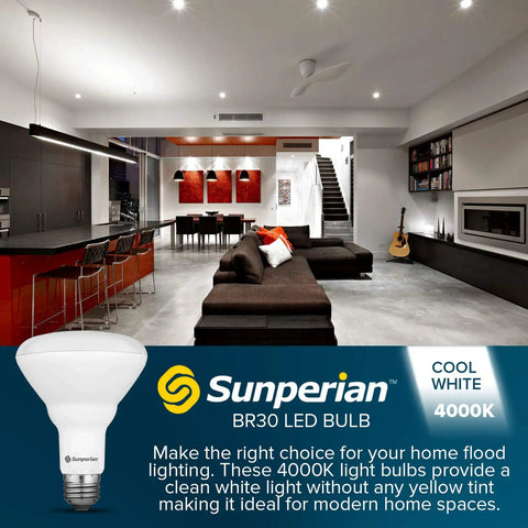 Modern living room lit by Brighten Your Home With 8.5W BR30 LED Flood Bulbs, 800 Lumens, 3500K Natural White, Dimmable.