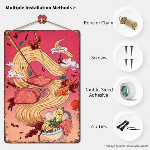 Vintage Metal Sign Ramen Bowl Cat And Goldfish Tin Wall Art 8 By 12 Inch showing installation methods with noodles and animal motifs.