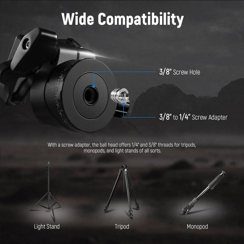 Close-up of Low Profile Camera Tripod Ball Head with 3/8 to 1/4 inch screw adapter, fits tripod monopod slider DSLR camcorder.