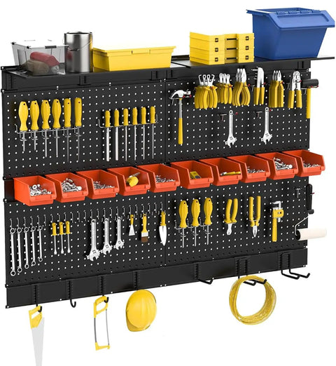 Pegboard Wall Organizer For Garage Storage 48 By 36 Inch With Hooks And Bins Tool Panel System 72 Piece Set fully loaded with tools