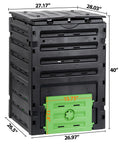 Front view of 120 Gallon Big Capacity Compost Bin BPA Free Outdoor Composting Tumbler for Garden with measurements shown.