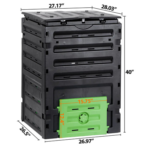 Front view of 120 Gallon Big Capacity Compost Bin BPA Free Outdoor Composting Tumbler for Garden with measurements shown.