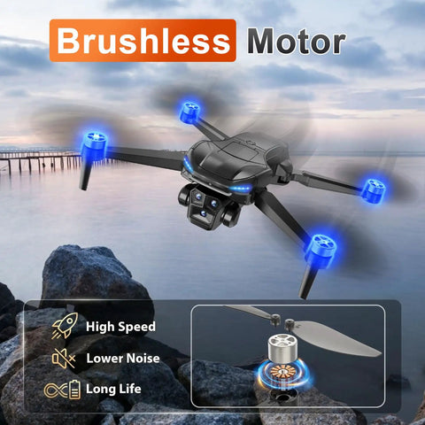 4K Drone With Real Time 4K Camera And Built In 4.5 Inch FPV Screen Controller, Brushless Foldable Quadcopter in flight over rocks