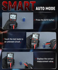 KM200P Digital Multimeter in smart auto mode, displaying 9.56 volts during circuit testing with red and black probe leads.