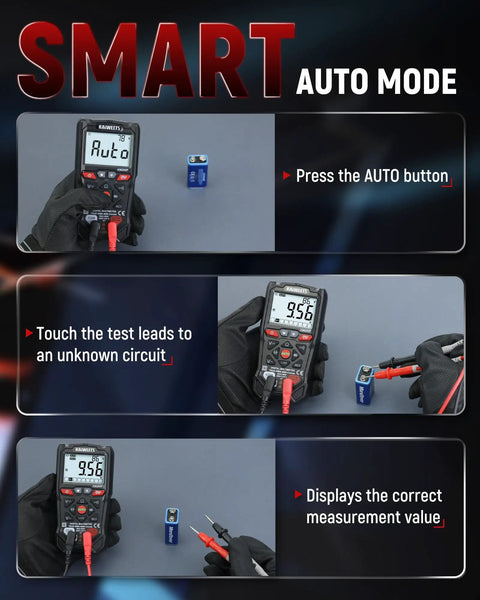 KM200P Digital Multimeter in smart auto mode, displaying 9.56 volts during circuit testing with red and black probe leads.