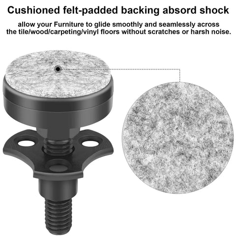Adjustable Furniture Leveling Feet Heavy Duty Levelers with felt-padded backing for smooth glide, 3/8-16 thread, black, close-up view
