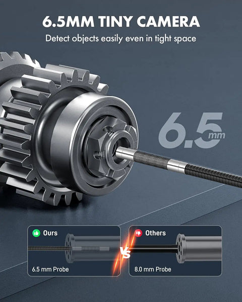 360 Degree Four Way Articulating Borescope With Tiny 0.26 Inch Probe showing 6.5mm camera comparison against gear mechanism