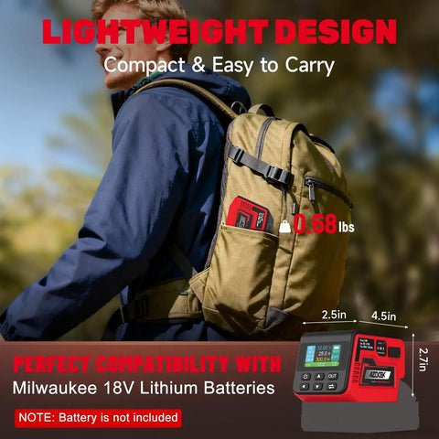 Man carrying Milwaukee 18V Battery Compatible 300W Adjustable Voltage Regulator in a backpack pocket