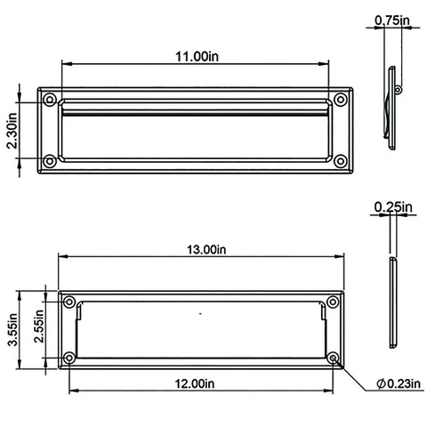 Dimensions of Steel Mail Slot With Satin Nickel Finish, Spring Loaded Front Plate, Interlocking Flap For Tight Closure, 11 Inch Wide By 2.3 Inch High Slot, Includes Mounting Hardware And Template, Pairs With Mail Slot Sleeve MSS00003