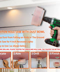 4-1/4 Inch Hole Saw Kit For Recessed Can Lights With Dust Bowl Catcher drill held near ceiling with instructional steps