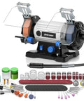 3 Inch Brushless Bench Grinder With Long Flexible Shaft And 110 Piece Accessory Set Knockout Buffer Polisher Kit on a workbench.