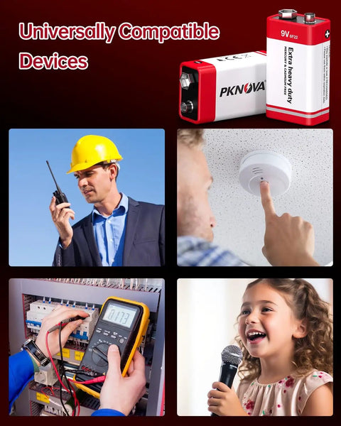 Carbon Zinc 9V Battery For Smoke Detectors 6F22 Square Battery Long Lasting 8 Pack shown in various devices
