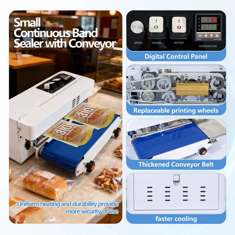 Commercial Heat Sealer For Bags And Films With Digital Temperature Control And Adjustable Speed Continuous Band Sealer Machine, various angles and close-ups.