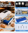 Rock Solid Commercial Heat Sealer Machine With Digital Temperature Control And Smoothly Adjustable Speed Heavy Duty Desktop Continuous Bag Band Sealer For Plastic Films And Quick Packing with digital control panel and conveyor.