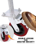 Top Notch Four Pack Adjustable Leveling Scaffolding Wheels With Rock Solid Screw Jack Base Feet For Tubular Frames Heavy Duty Ball Bearing Rolling Casters double locking mechanism with a shoe pressing down on a caster wheel