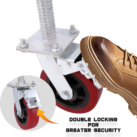 Top Notch Four Pack Adjustable Leveling Scaffolding Wheels With Rock Solid Screw Jack Base Feet For Tubular Frames Heavy Duty Ball Bearing Rolling Casters double locking mechanism with a shoe pressing down on a caster wheel