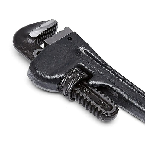 Close-up of Heavy Duty Adjustable Straight Pipe Wrench 10 Inch showing the ductile iron housing and chrome-vanadium steel head